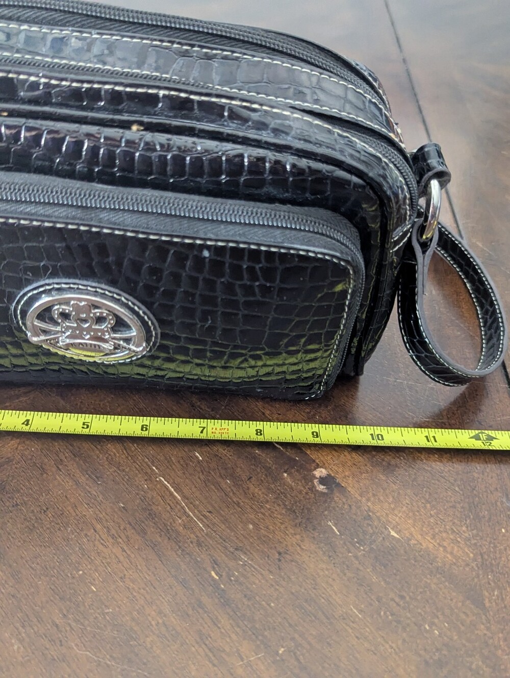 2000s Kathy Van Zeeland Black Faux Crocodile Crossbody Purse Orange/Gold Lining - Picture 8 of 14